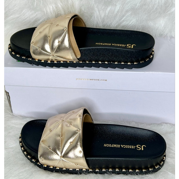 Women's Jessica Simpson Gold Quilted Studded Slide Sandals Size 5.5 - Picture 5 of 9